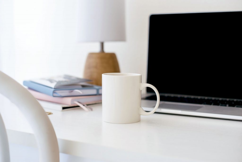 lamp, computer, coffee mug