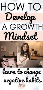 Text: How to Develop a Growth Mindset: Learn to Change Negative Habits - woman sitting at a desk with a computer drinking coffee