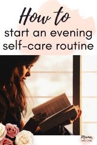 Start an evening self-care routine - women reading a book, flowers, pink cloud