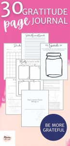 30-Page Gratitude Journal PDF Printable- Hot pink back, pink splotch, six printables including calendar, gratitude jar, gratitude notes, weekly gratitude