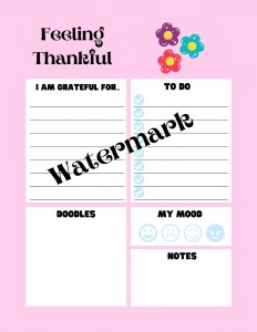 Kids Pink Gratitude Journal, Grateful for box, To-Do box, Doodles box, How I feel box, and Notes box with pink back