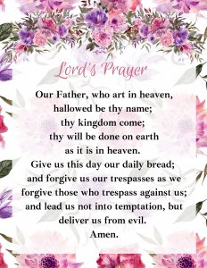 Christian Wall Art Printable PDF Prayers - Lords Prayer in text, floral background with pinks and purples