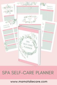 Spa Self-Care Planner- pink background, printable book cover and six pages with green and pink coloring checklist