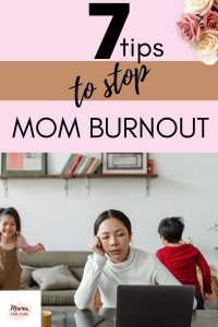 7 Tips to Stop Mom Burnout - Mom on computer with kids running around in back